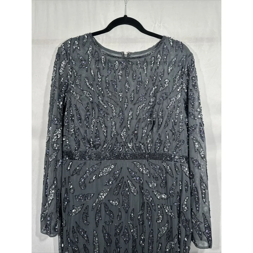 NWT $598 Mac Duggal [ 14 ] Beaded Long Sleeve‎ Evening Gown in Charcoal #S1107 - Picture 9 of 13